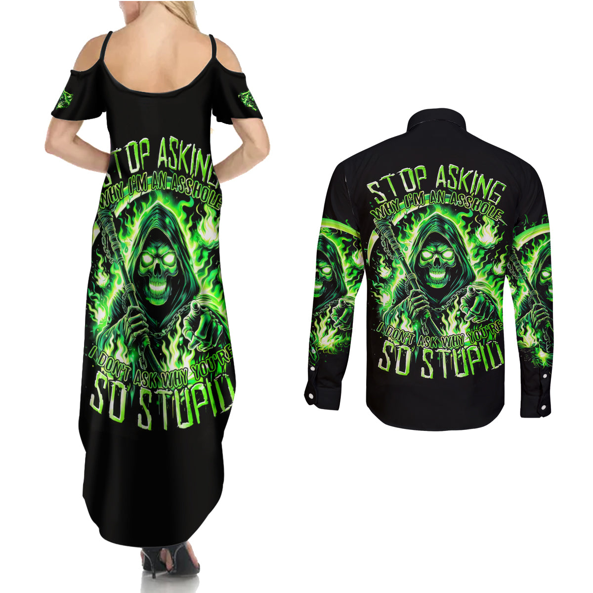 Flame Reaper Skull Couples Matching Summer Maxi Dress and Long Sleeve Button Shirt Stop Asking Why I'm An Asshole I Don't Ask Why You So Stupid