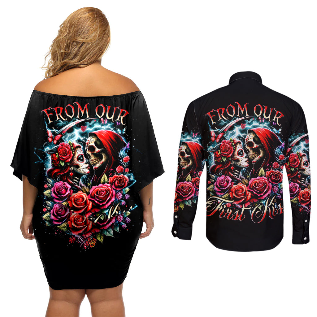 Couple Skull Couples Matching Off Shoulder Short Dress and Long Sleeve Button Shirt From Our Firse Kiss