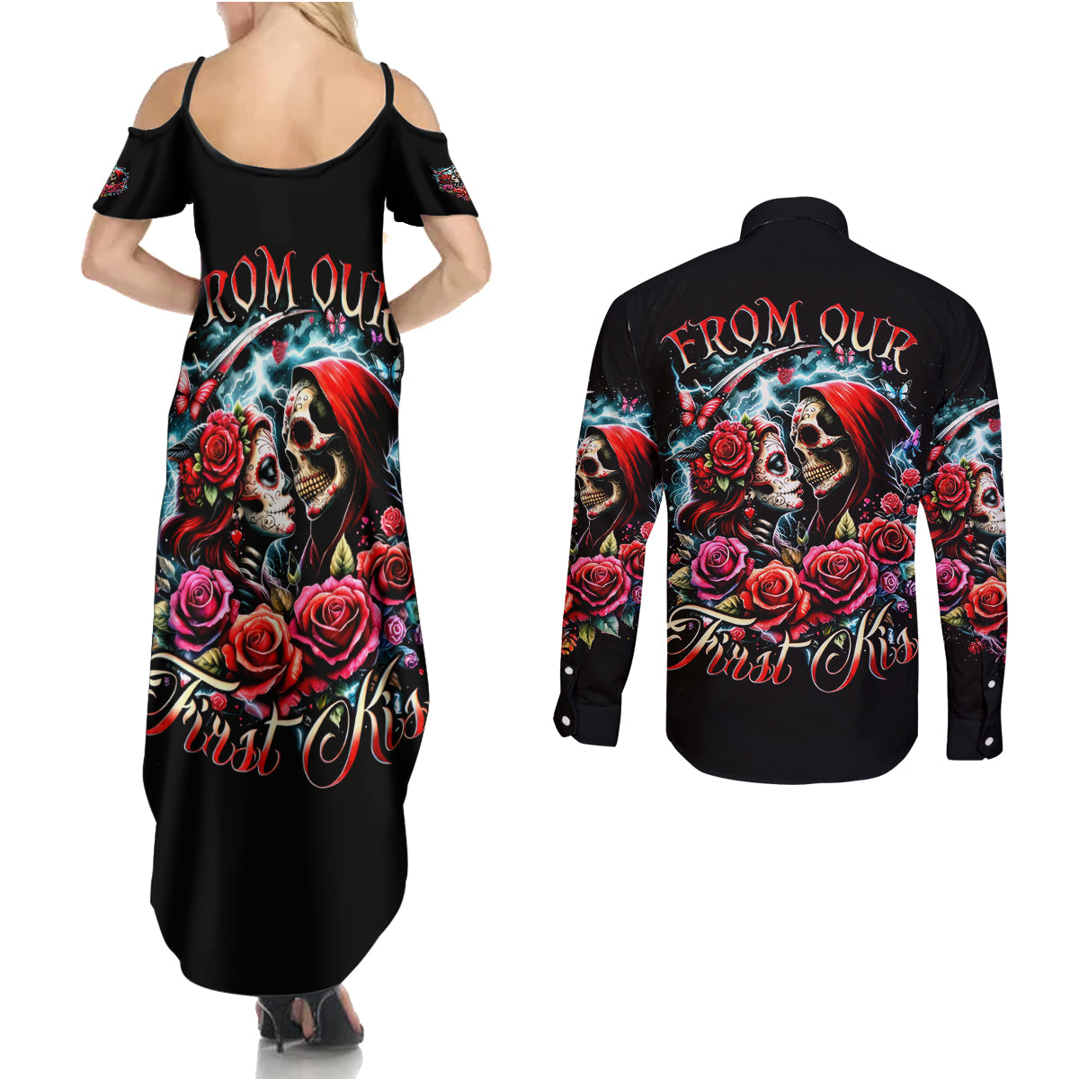 Couple Skull Couples Matching Summer Maxi Dress and Long Sleeve Button Shirt From Our Firse Kiss