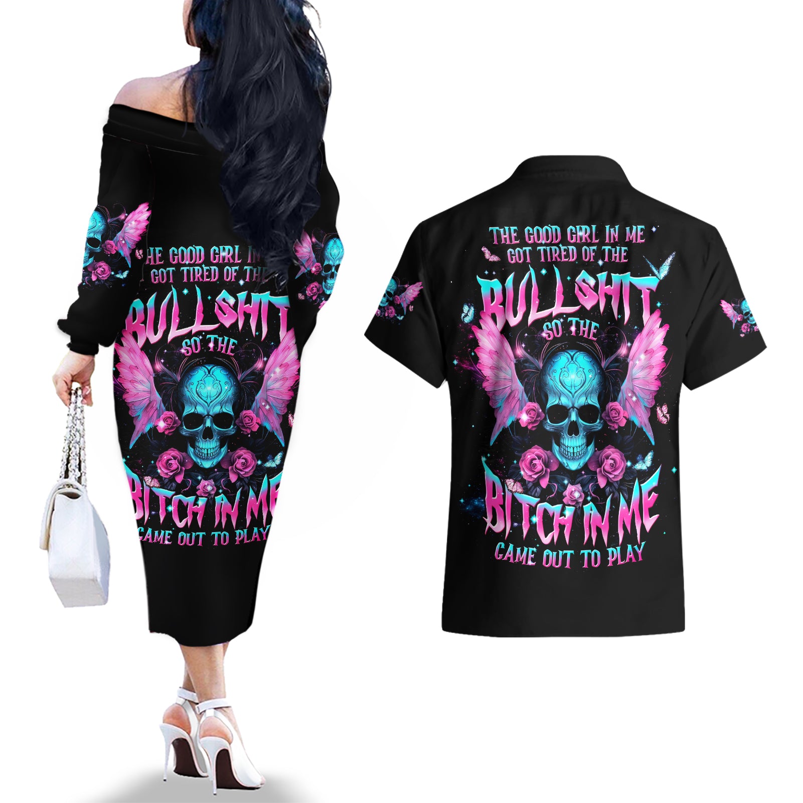 Fairy Skull Couples Matching Off The Shoulder Long Sleeve Dress and Hawaiian Shirt The Good Girl In Me Got Tired Of The Bullshit