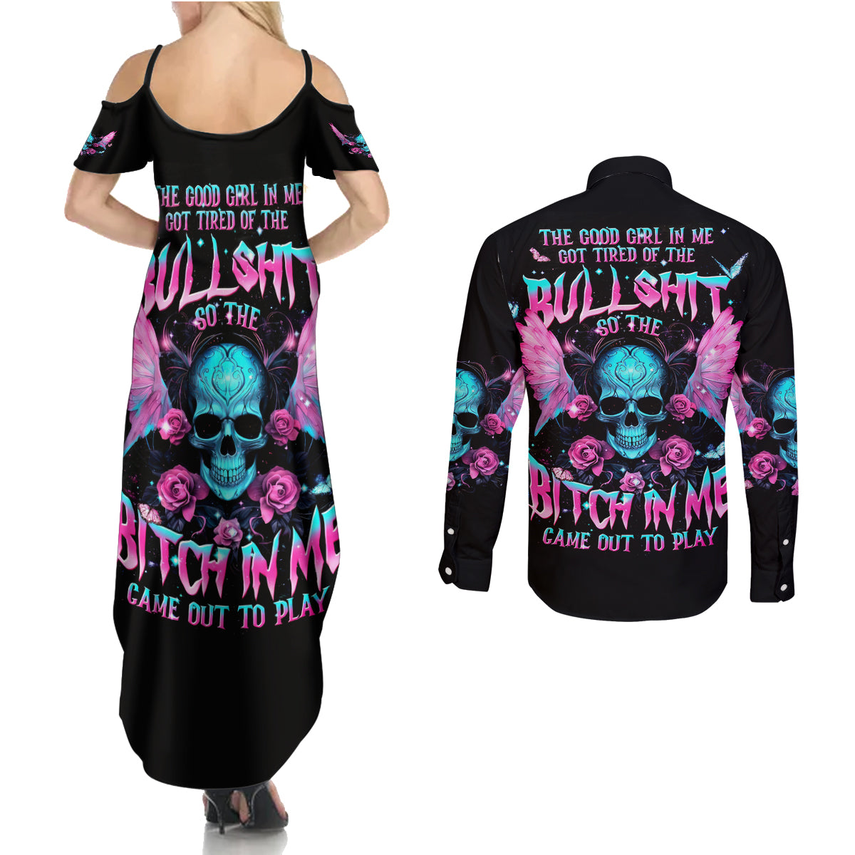 Fairy Skull Couples Matching Summer Maxi Dress and Long Sleeve Button Shirt The Good Girl In Me Got Tired Of The Bullshit