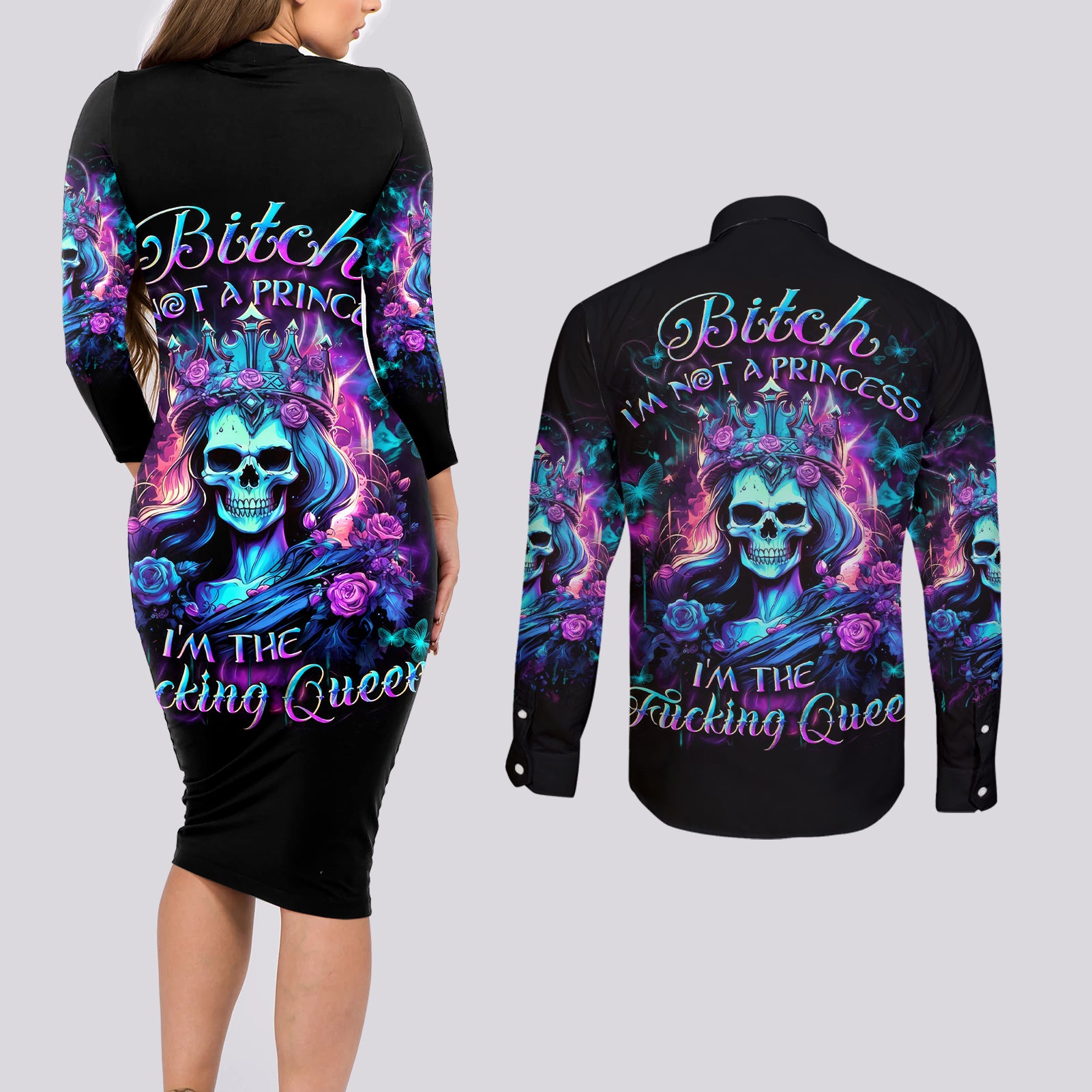 Queen Skull Couples Matching Long Sleeve Bodycon Dress and Long Sleeve Button Shirt Bitch I'm The Fucking Queen