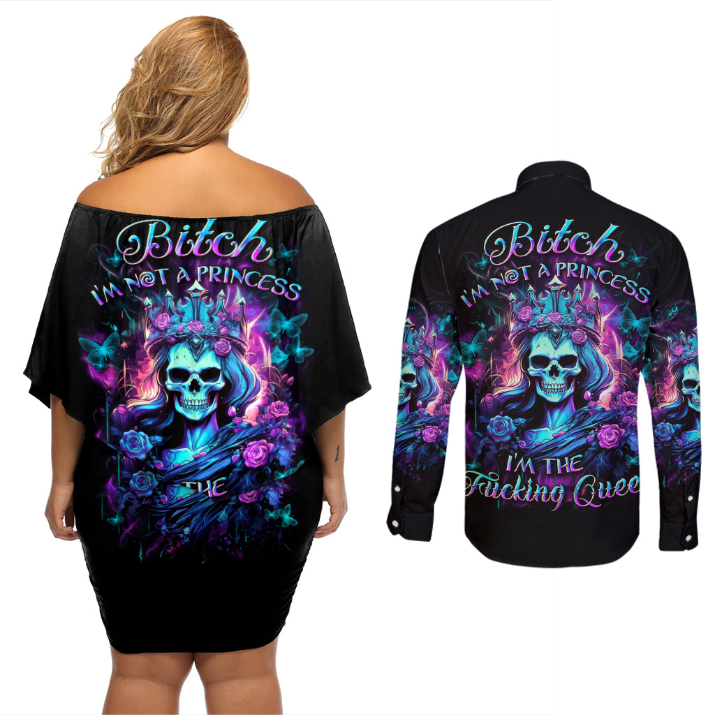 Queen Skull Couples Matching Off Shoulder Short Dress and Long Sleeve Button Shirt Bitch I'm The Fucking Queen