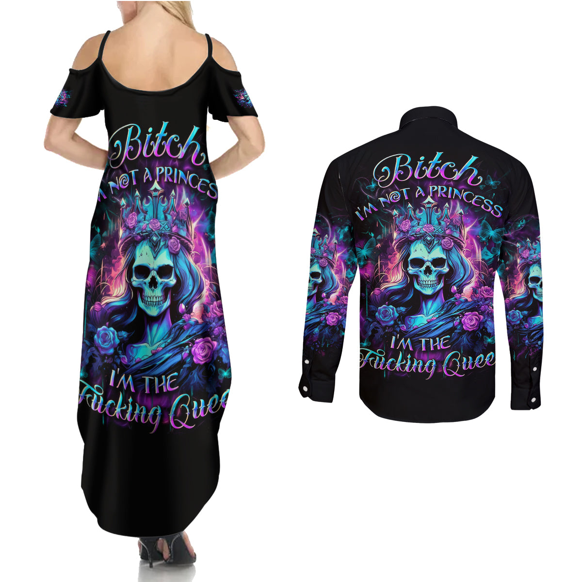 Queen Skull Couples Matching Summer Maxi Dress and Long Sleeve Button Shirt Bitch I'm The Fucking Queen