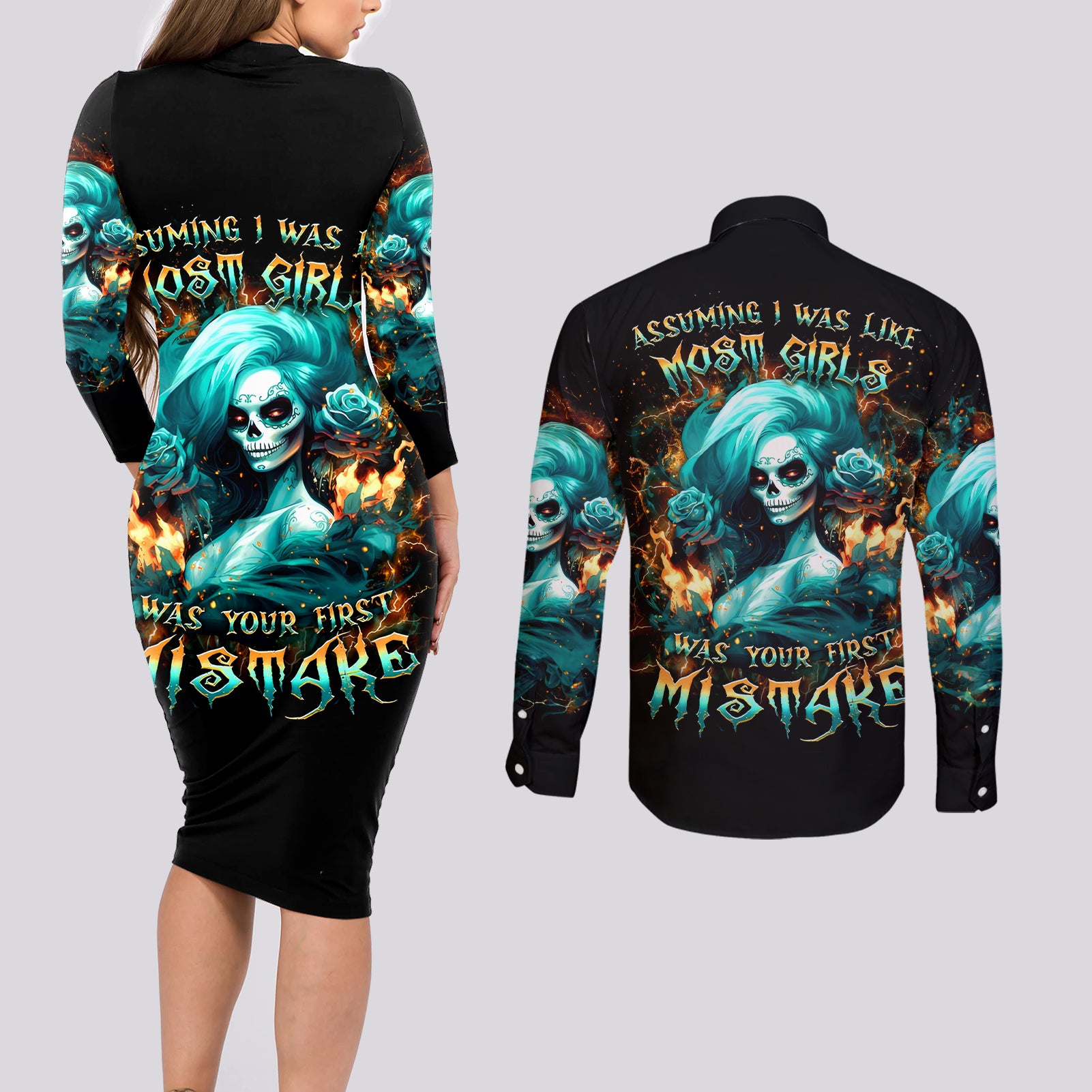 Flame Girl Skull Couples Matching Long Sleeve Bodycon Dress and Long Sleeve Button Shirt Assuming I Was Like Most Girls Was Your First Mistake