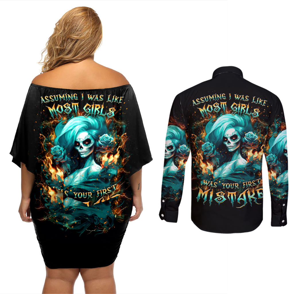 Flame Girl Skull Couples Matching Off Shoulder Short Dress and Long Sleeve Button Shirt Assuming I Was Like Most Girls Was Your First Mistake