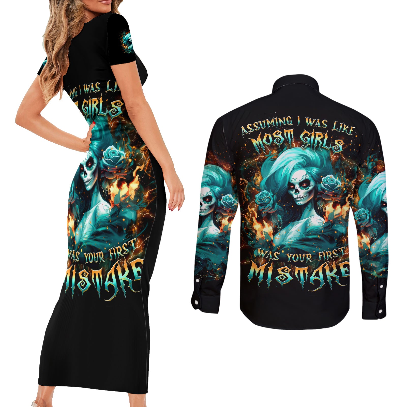 Flame Girl Skull Couples Matching Short Sleeve Bodycon Dress and Long Sleeve Button Shirt Assuming I Was Like Most Girls Was Your First Mistake