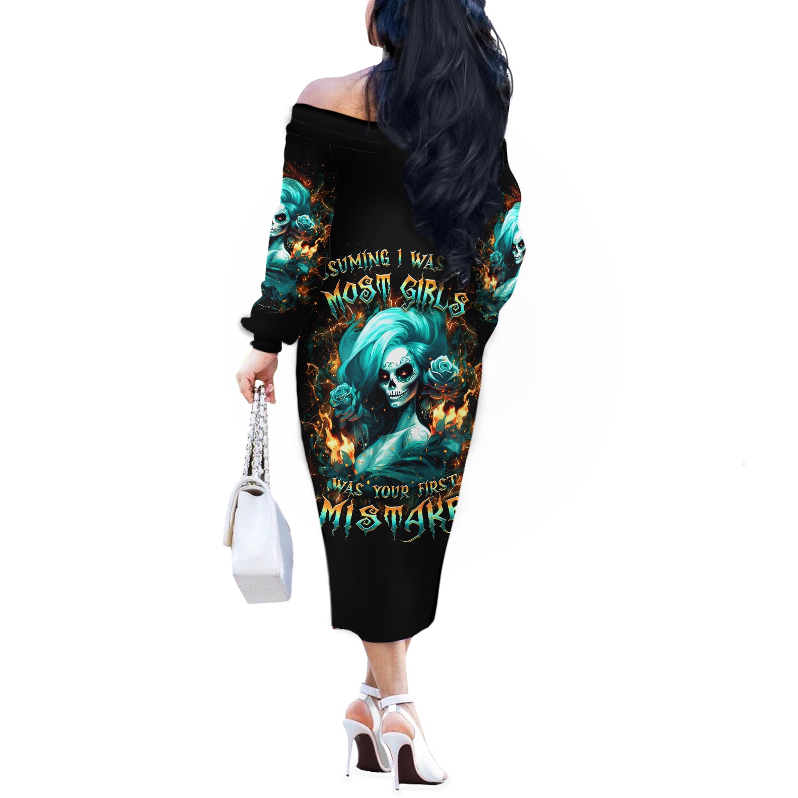 Flame Girl Skull Off The Shoulder Long Sleeve Dress Assuming I Was Like Most Girls Was Your First Mistake