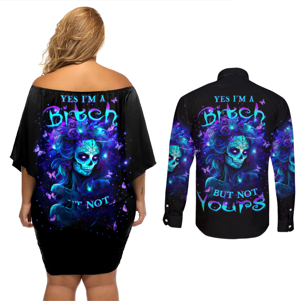 Skull Girl Couples Matching Off Shoulder Short Dress and Long Sleeve Button Shirt Yes I'm A Bitch But Not Yours