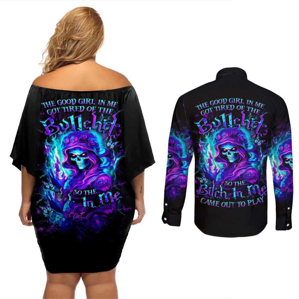 Flame Girl Skull Couples Matching Off Shoulder Short Dress and Long Sleeve Button Shirt The Good Girl In Me Got Tired Of The Bullshit