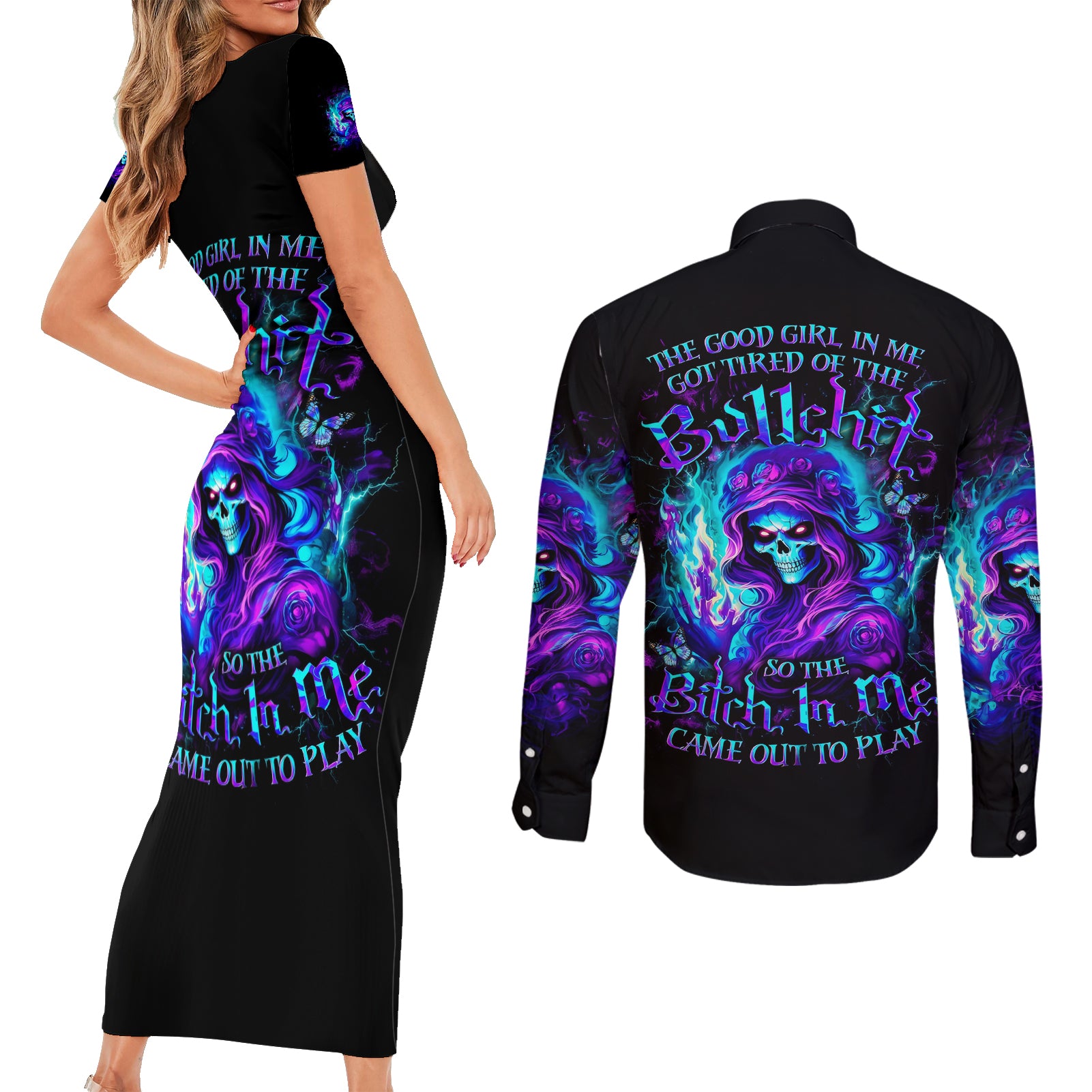 Flame Girl Skull Couples Matching Short Sleeve Bodycon Dress and Long Sleeve Button Shirt The Good Girl In Me Got Tired Of The Bullshit