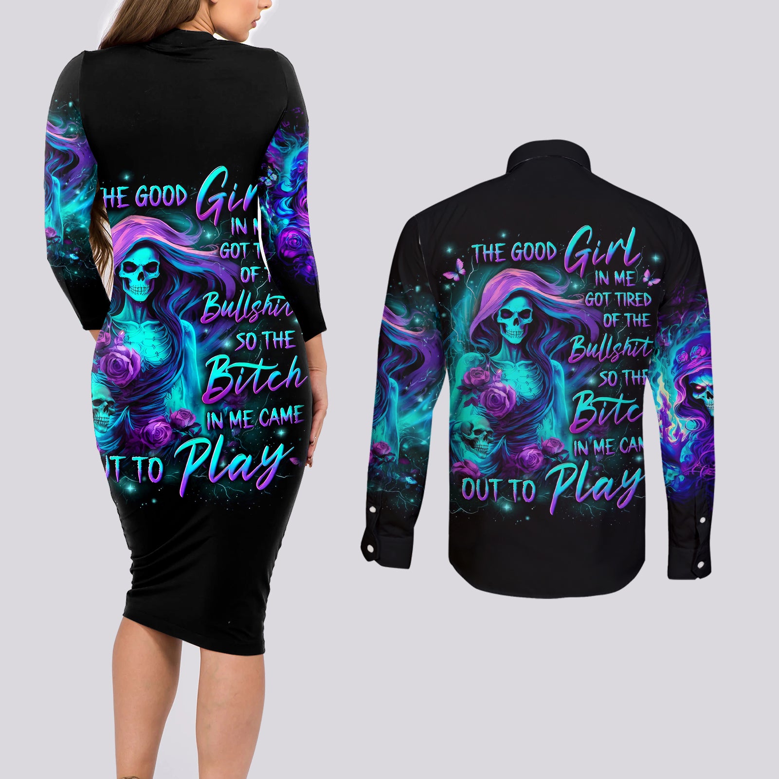 Flame Girl Skull Couples Matching Long Sleeve Bodycon Dress and Long Sleeve Button Shirt The Good Girl In Me Got Tired Of The Bullshit