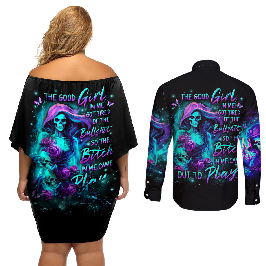 Flame Girl Skull Couples Matching Off Shoulder Short Dress and Long Sleeve Button Shirt The Good Girl In Me Got Tired Of The Bullshit