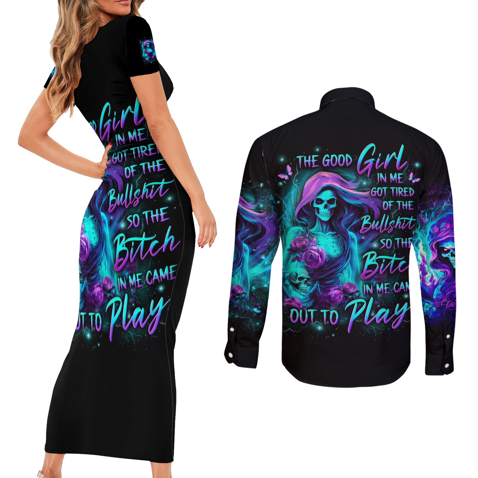 Flame Girl Skull Couples Matching Short Sleeve Bodycon Dress and Long Sleeve Button Shirt The Good Girl In Me Got Tired Of The Bullshit