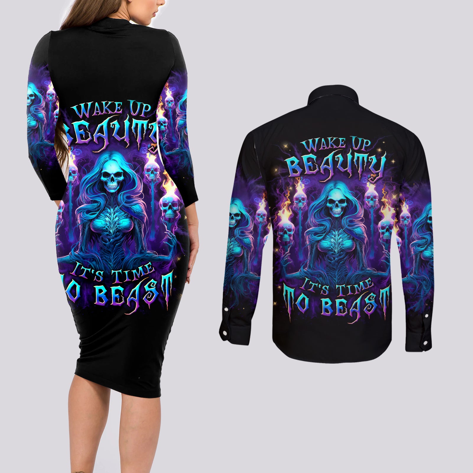 Witch Skull Couples Matching Long Sleeve Bodycon Dress and Long Sleeve Button Shirt Wake Up Beasuty I't Time To Beast