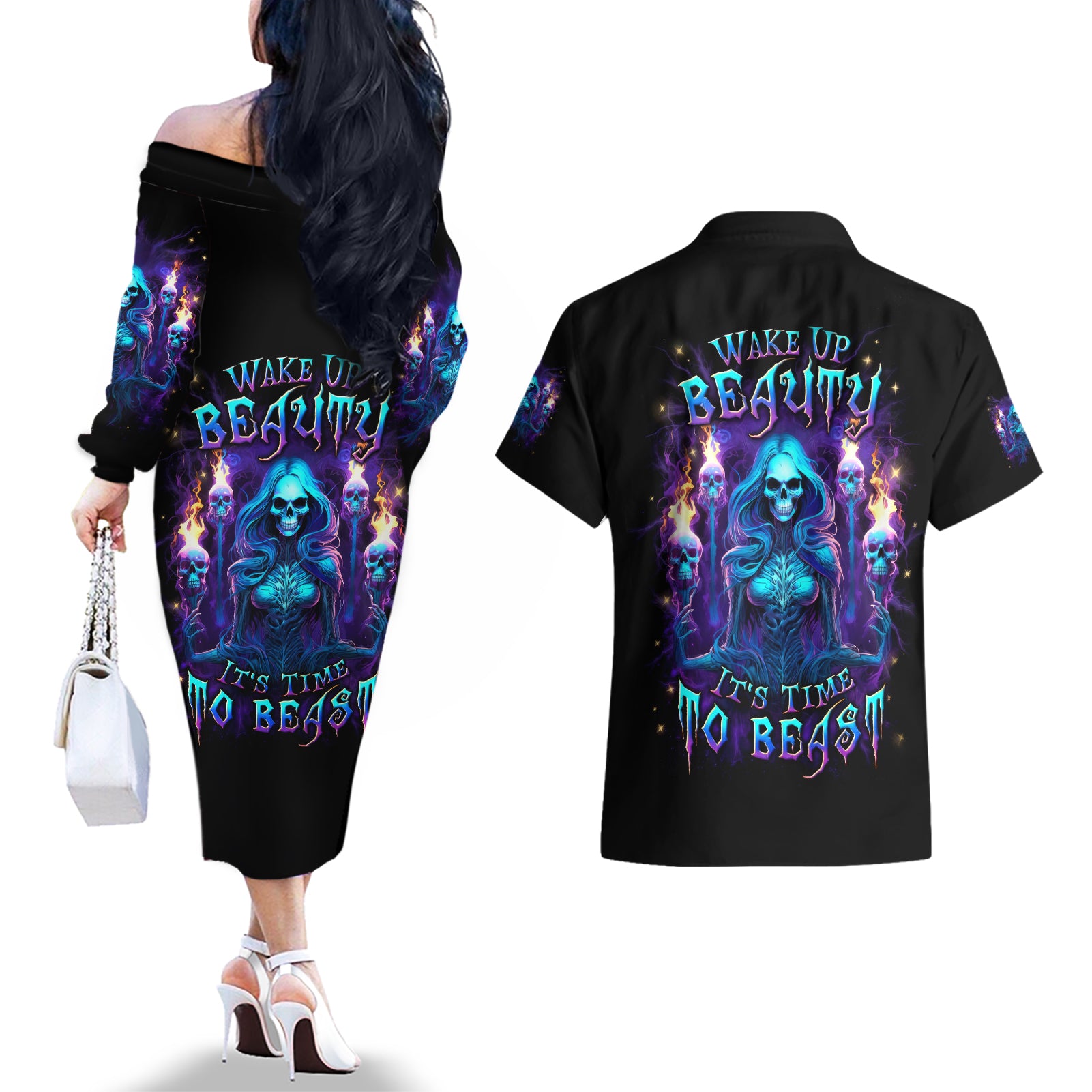 Witch Skull Couples Matching Off The Shoulder Long Sleeve Dress and Hawaiian Shirt Wake Up Beasuty I't Time To Beast