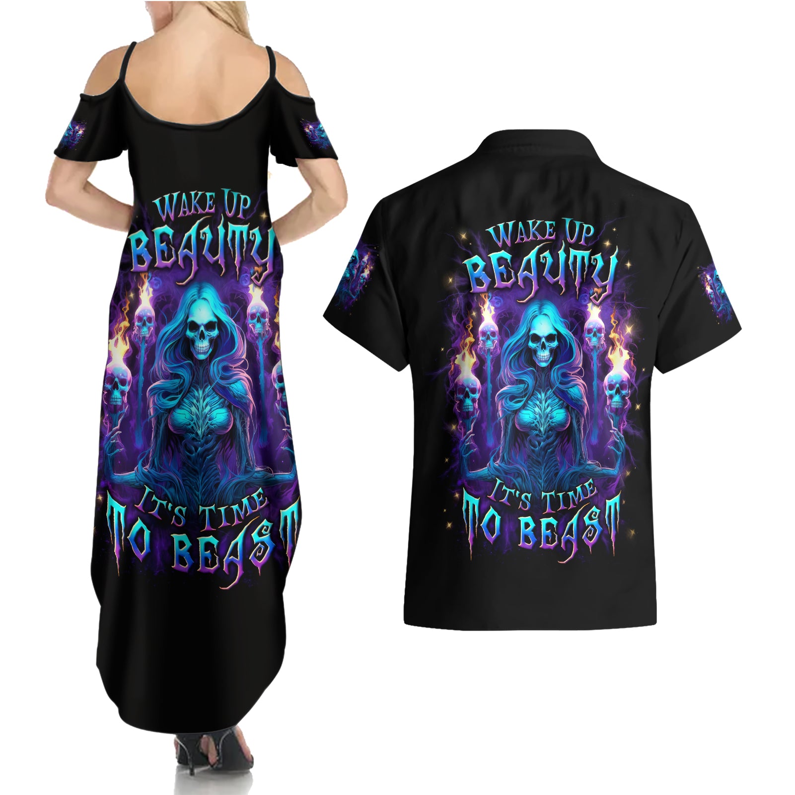 Witch Skull Couples Matching Summer Maxi Dress and Hawaiian Shirt Wake Up Beasuty I't Time To Beast