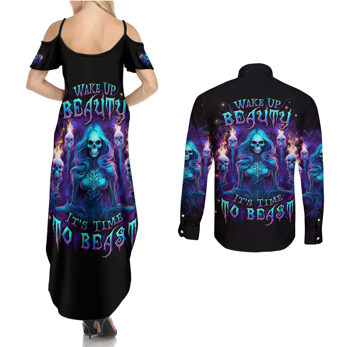 Witch Skull Couples Matching Summer Maxi Dress and Long Sleeve Button Shirt Wake Up Beasuty I't Time To Beast