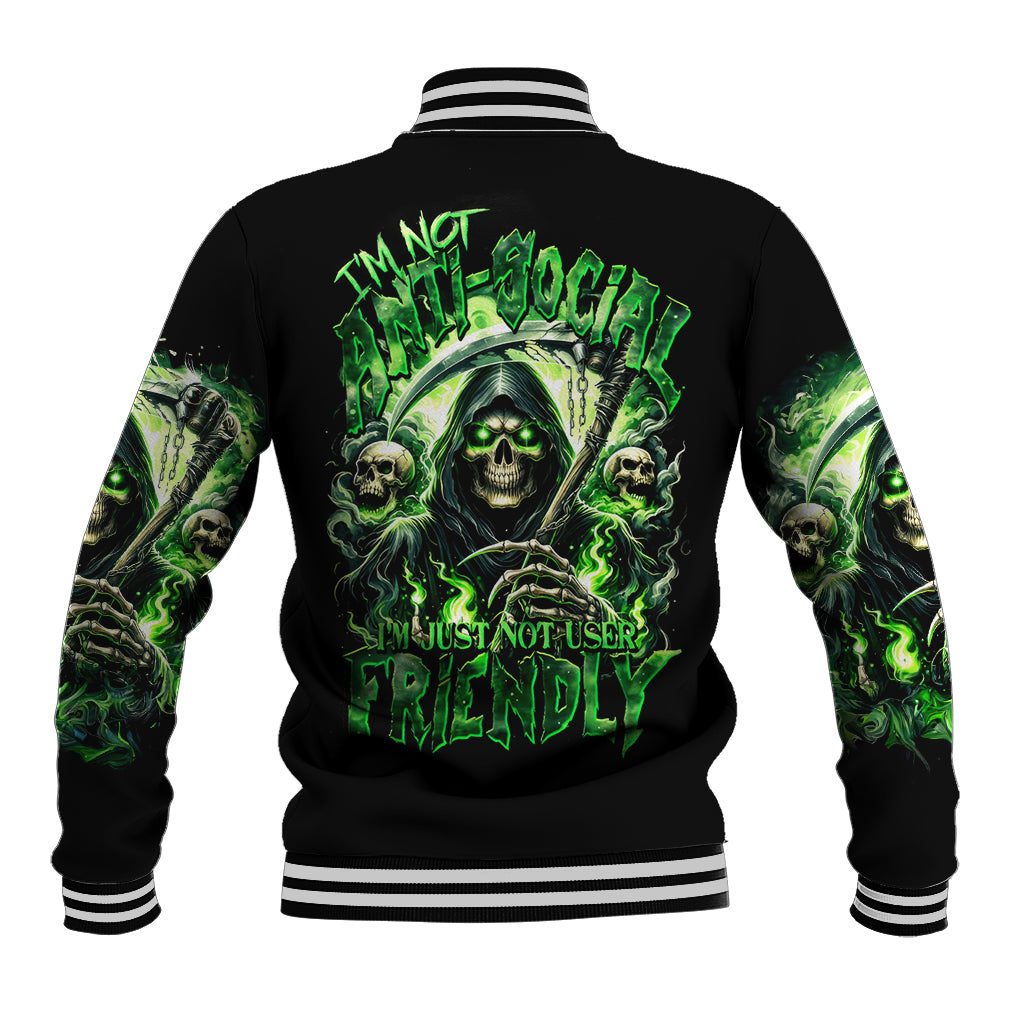 Flame Reaper Skull Baseball Jacket I'm Not Anti Social I'm Just Not User Friendly