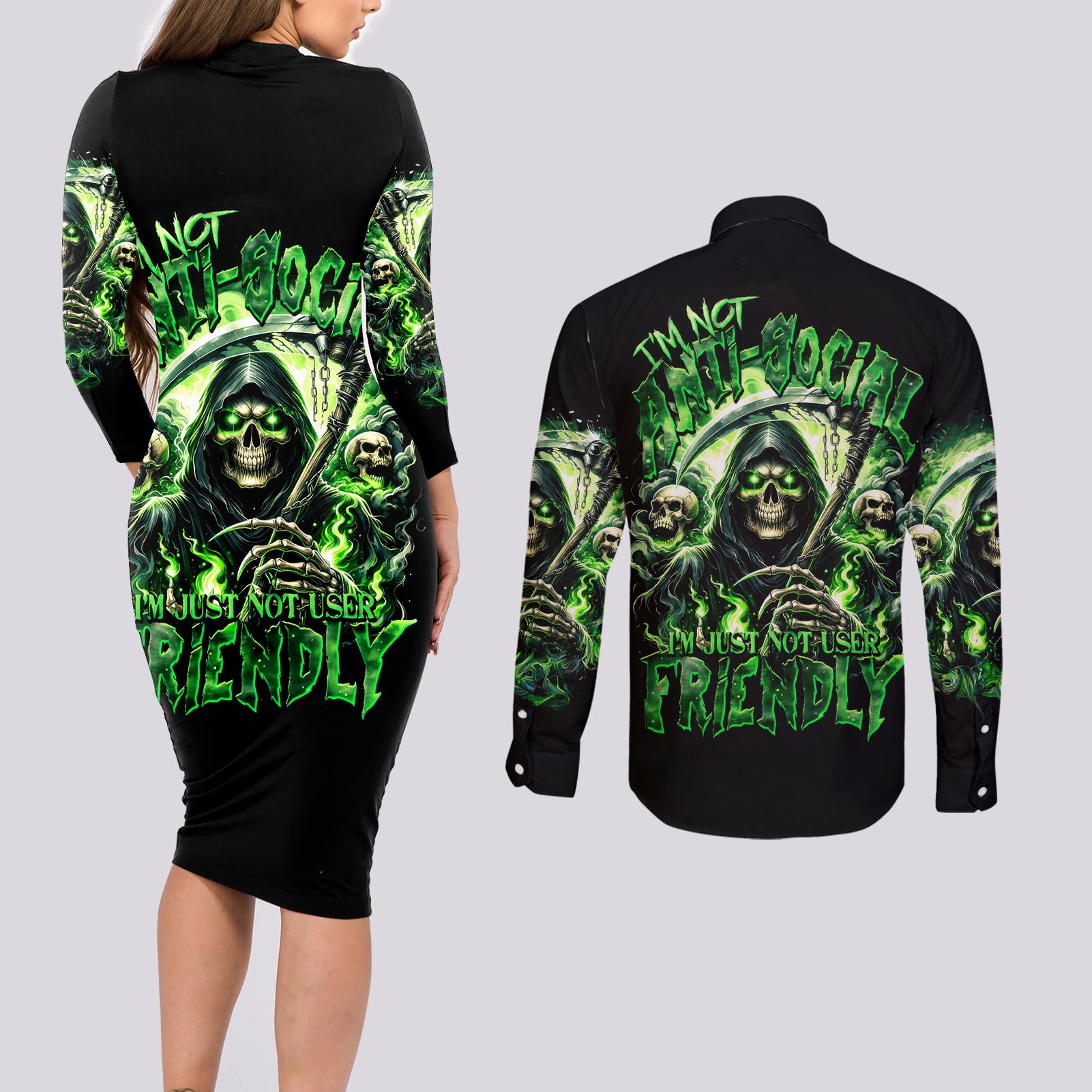 Flame Reaper Skull Couples Matching Long Sleeve Bodycon Dress and Long Sleeve Button Shirt I'm Not Anti Social I'm Just Not User Friendly