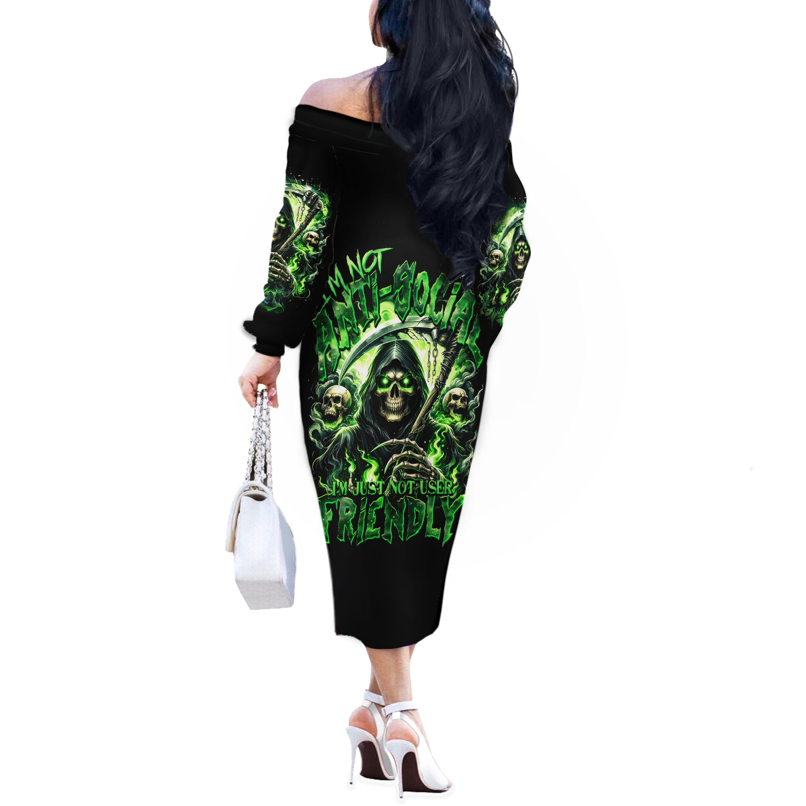 Flame Reaper Skull Off The Shoulder Long Sleeve Dress I'm Not Anti Social I'm Just Not User Friendly