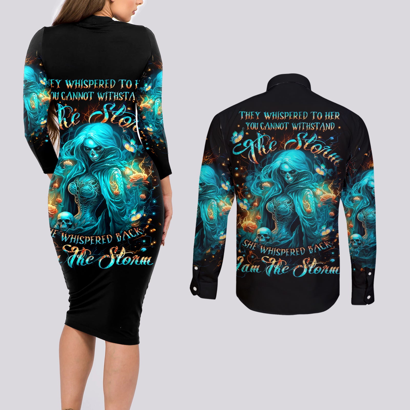 Witch Skull Couples Matching Long Sleeve Bodycon Dress and Long Sleeve Button Shirt She Whispered Back Iam The Storm