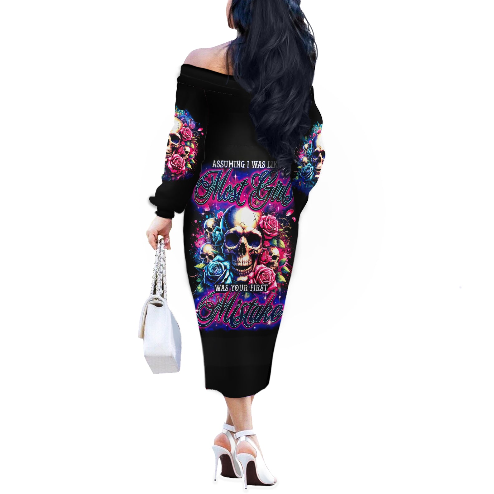 Rose Skull Off The Shoulder Long Sleeve Dress Assuming I Was Like Most Girls Was Your First Mistake