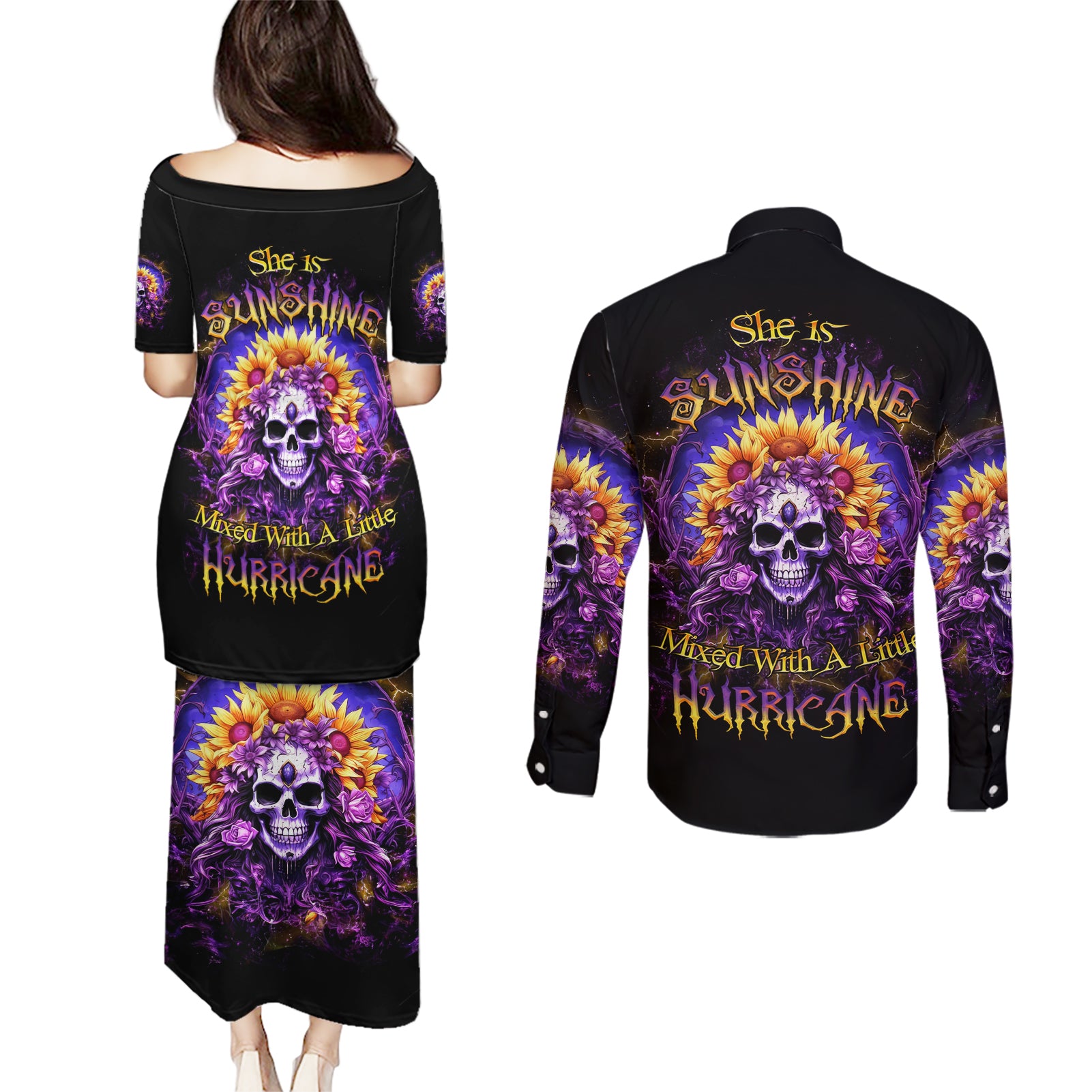 Sunflower Skull Couples Matching Puletasi and Long Sleeve Button Shirt She Is Sunshine Mixed With A Little Hurricane