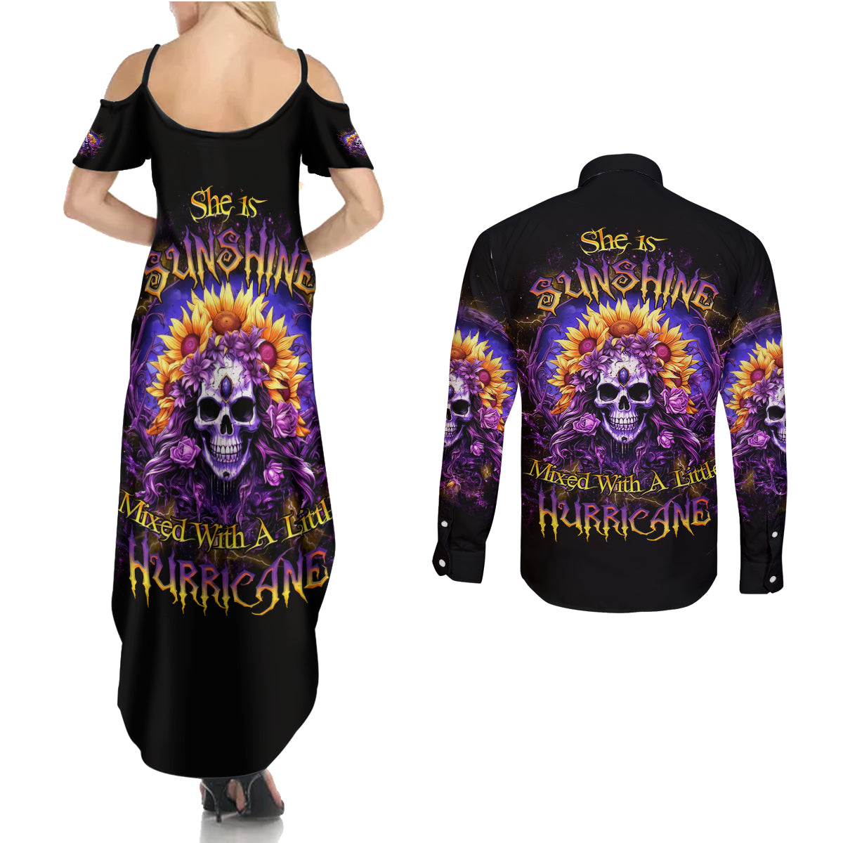 Sunflower Skull Couples Matching Summer Maxi Dress and Long Sleeve Button Shirt She Is Sunshine Mixed With A Little Hurricane