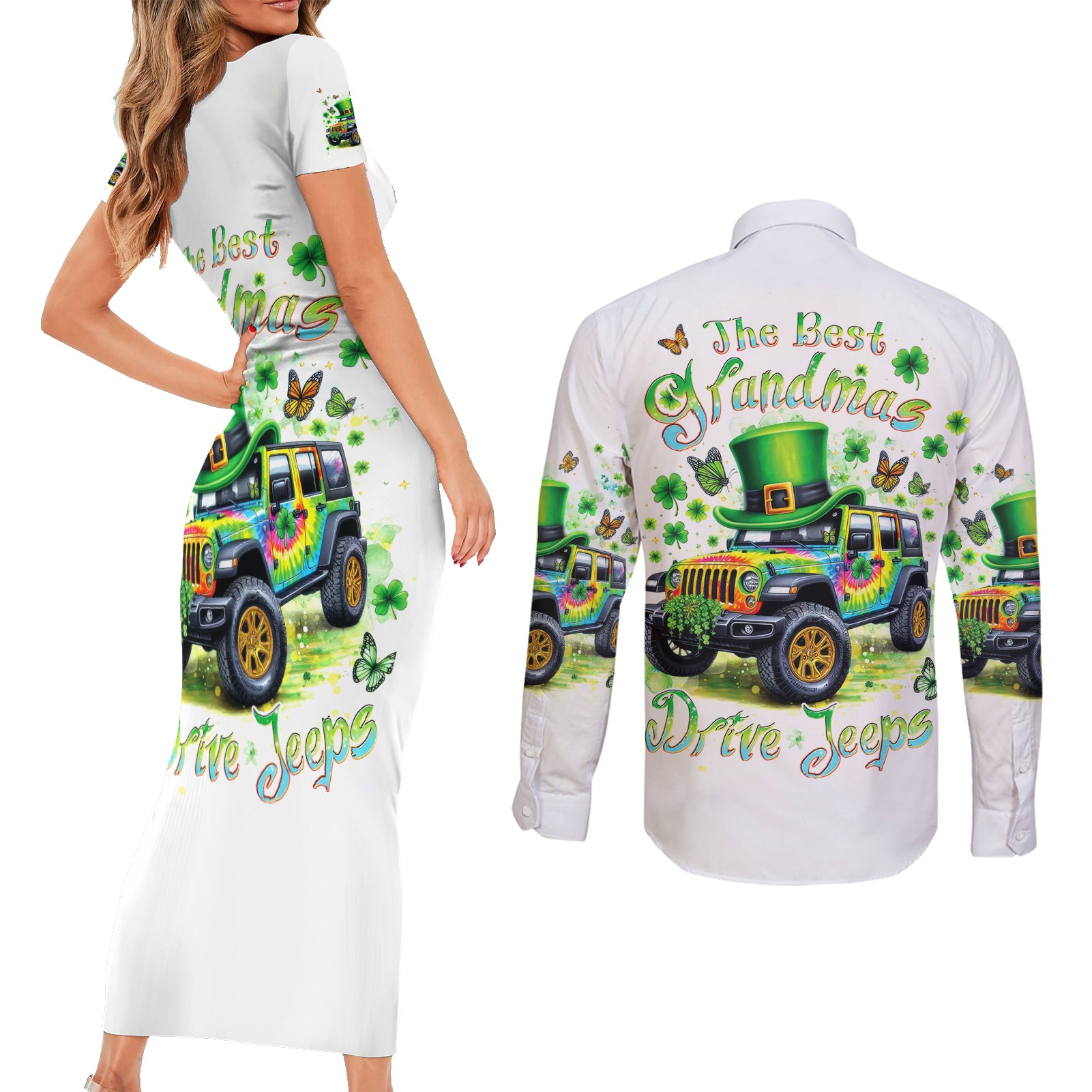 Irish Jeep Couples Matching Short Sleeve Bodycon Dress and Long Sleeve Button Shirt The Best Grandmas Drive Jeeps