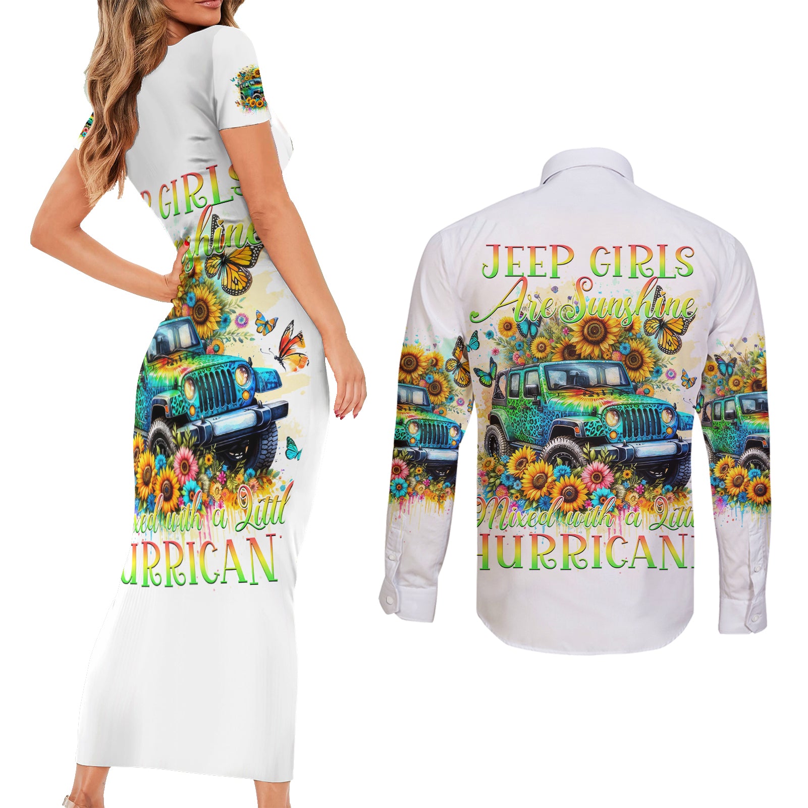 Hippie Jeep Couples Matching Short Sleeve Bodycon Dress and Long Sleeve Button Shirt Jeep Girls Are Sunshine Mixed With A Little Hurricane