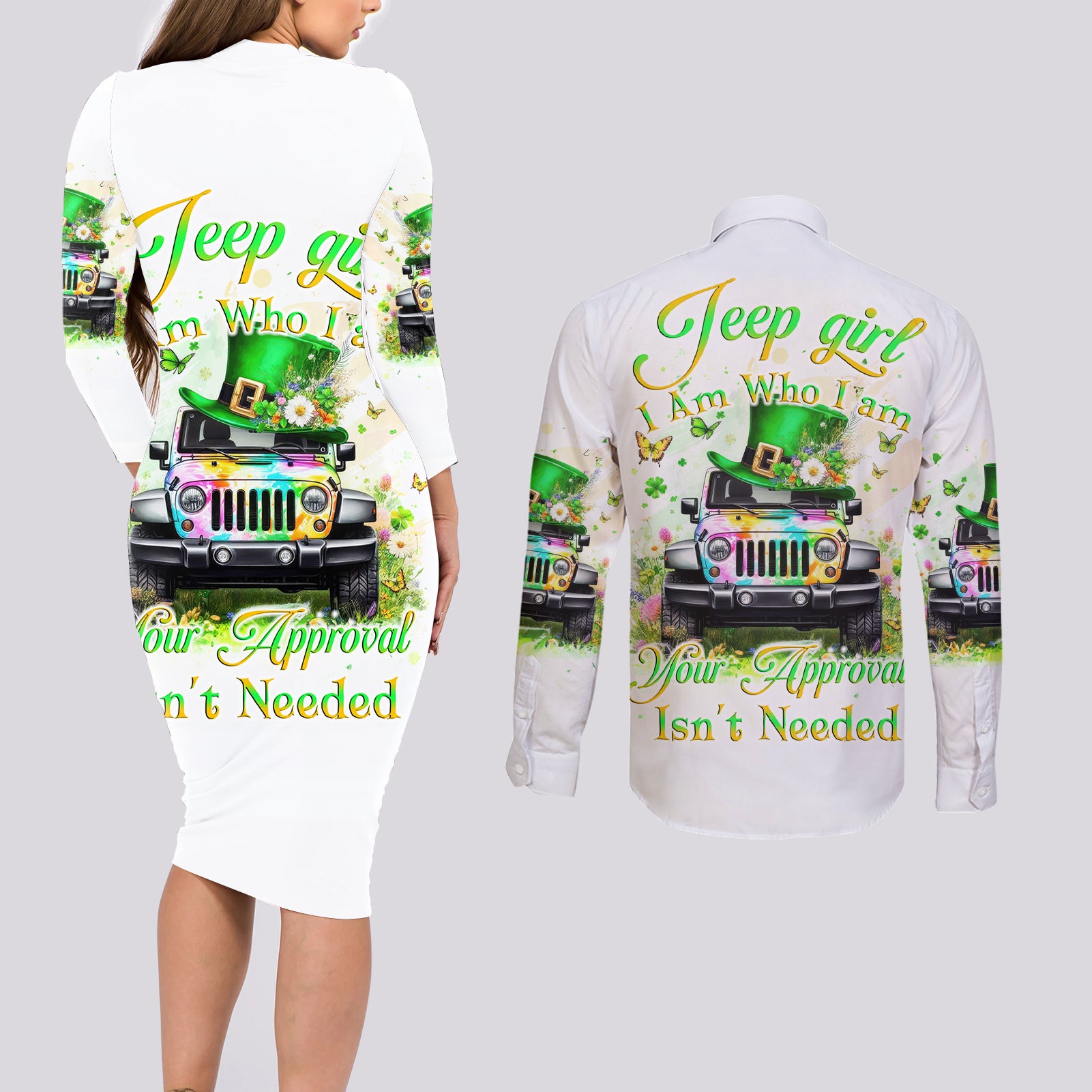 Irish Jeep Couples Matching Long Sleeve Bodycon Dress and Long Sleeve Button Shirt Jeep Girl Iam Who Iam Your Approval Isn't Needed