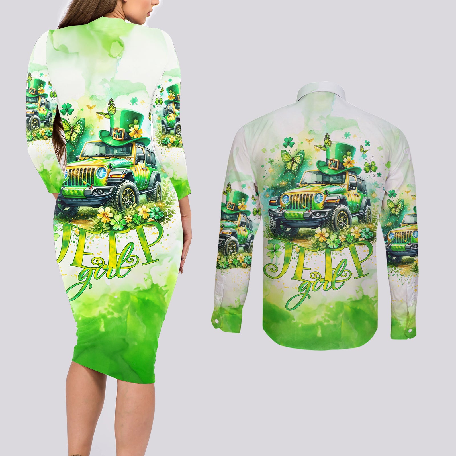 Irish Jeep Couples Matching Long Sleeve Bodycon Dress and Long Sleeve Button Shirt Jeep Girl