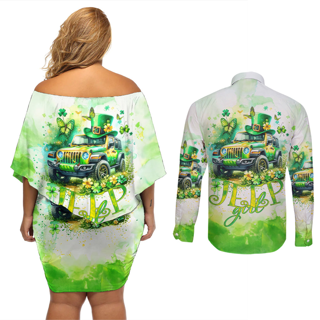 Irish Jeep Couples Matching Off Shoulder Short Dress and Long Sleeve Button Shirt Jeep Girl