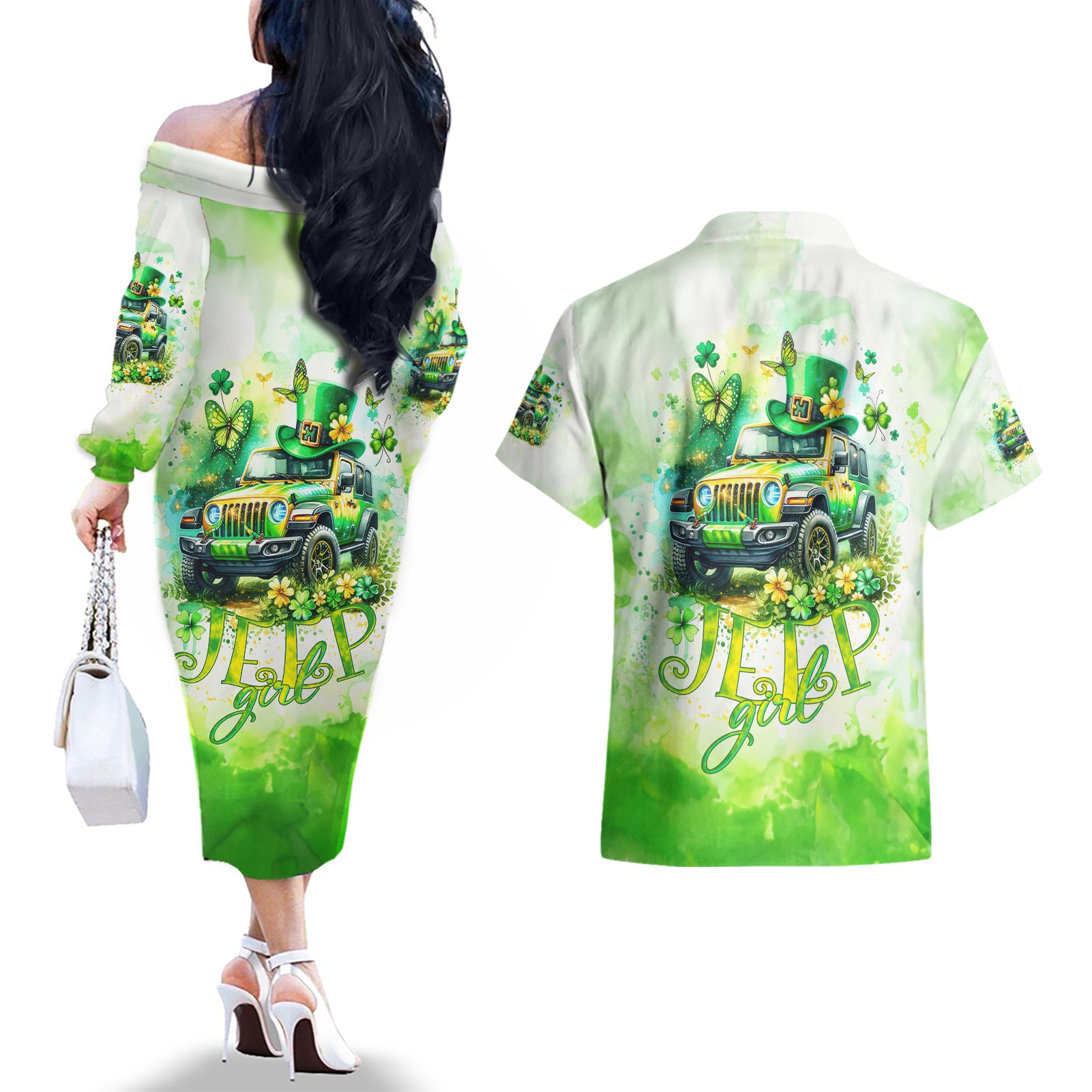 Irish Jeep Couples Matching Off The Shoulder Long Sleeve Dress and Hawaiian Shirt Jeep Girl