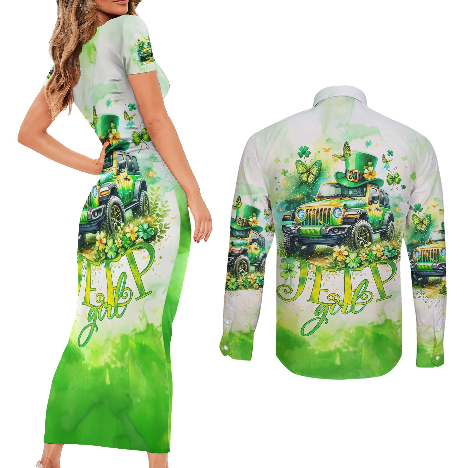 Irish Jeep Couples Matching Short Sleeve Bodycon Dress and Long Sleeve Button Shirt Jeep Girl