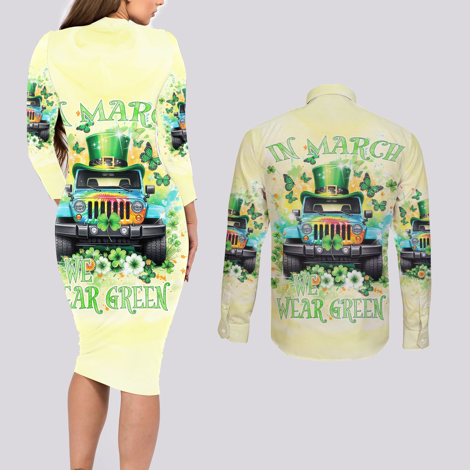 Irish Jeep Couples Matching Long Sleeve Bodycon Dress and Long Sleeve Button Shirt In March We Wear Green