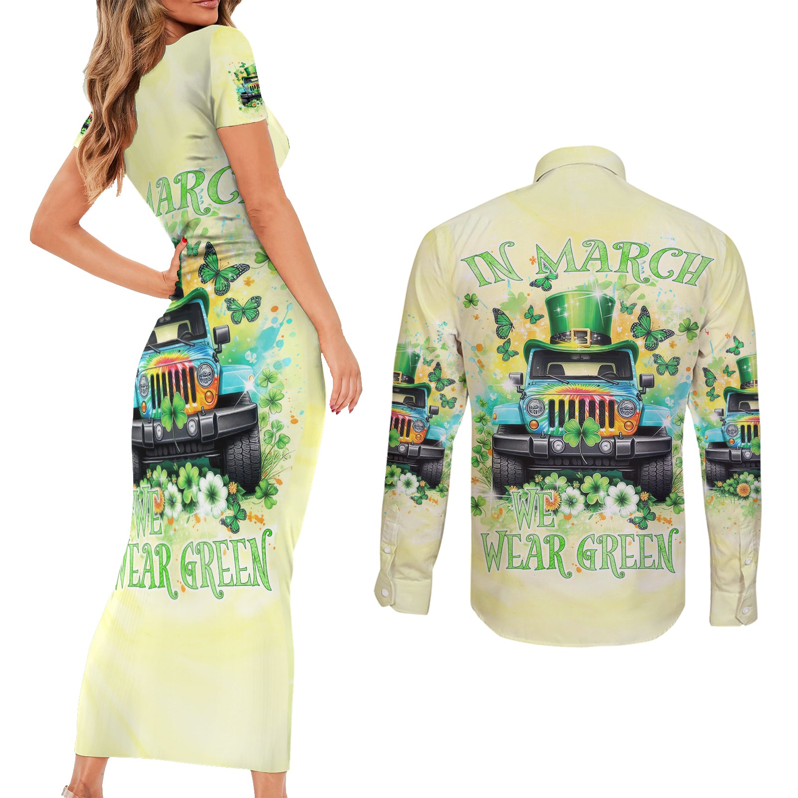 Irish Jeep Couples Matching Short Sleeve Bodycon Dress and Long Sleeve Button Shirt In March We Wear Green