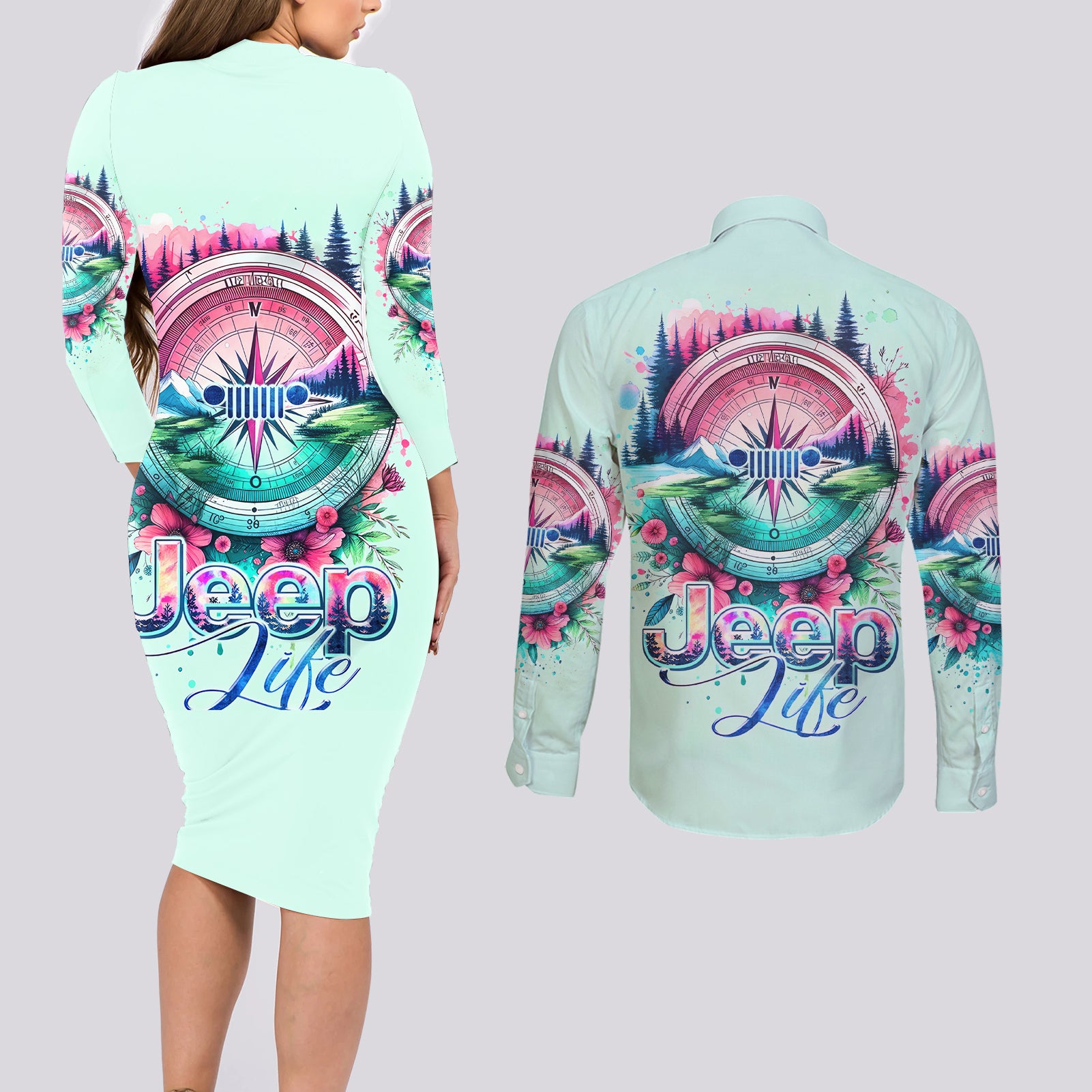 Jeep Life Couples Matching Long Sleeve Bodycon Dress and Long Sleeve Button Shirt Compass Jeep