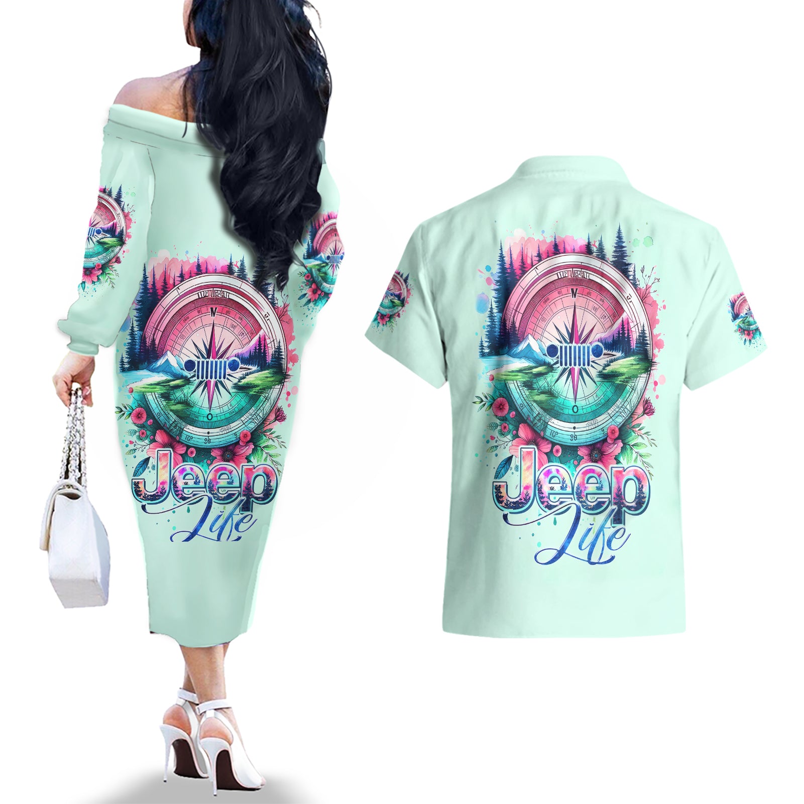 Jeep Life Couples Matching Off The Shoulder Long Sleeve Dress and Hawaiian Shirt Compass Jeep