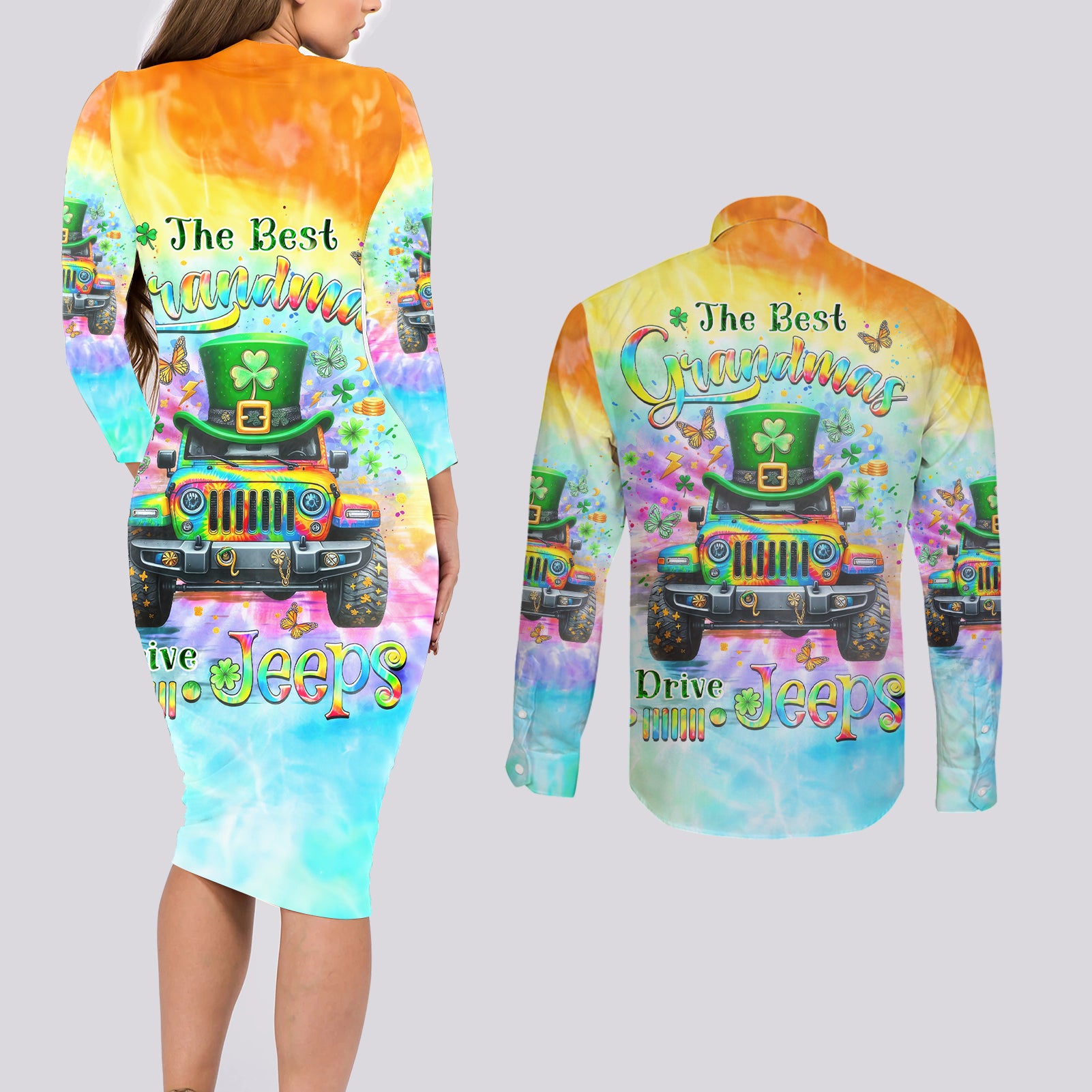 Irish Jeep Couples Matching Long Sleeve Bodycon Dress and Long Sleeve Button Shirt The Best Grandmas Drive Jeeps