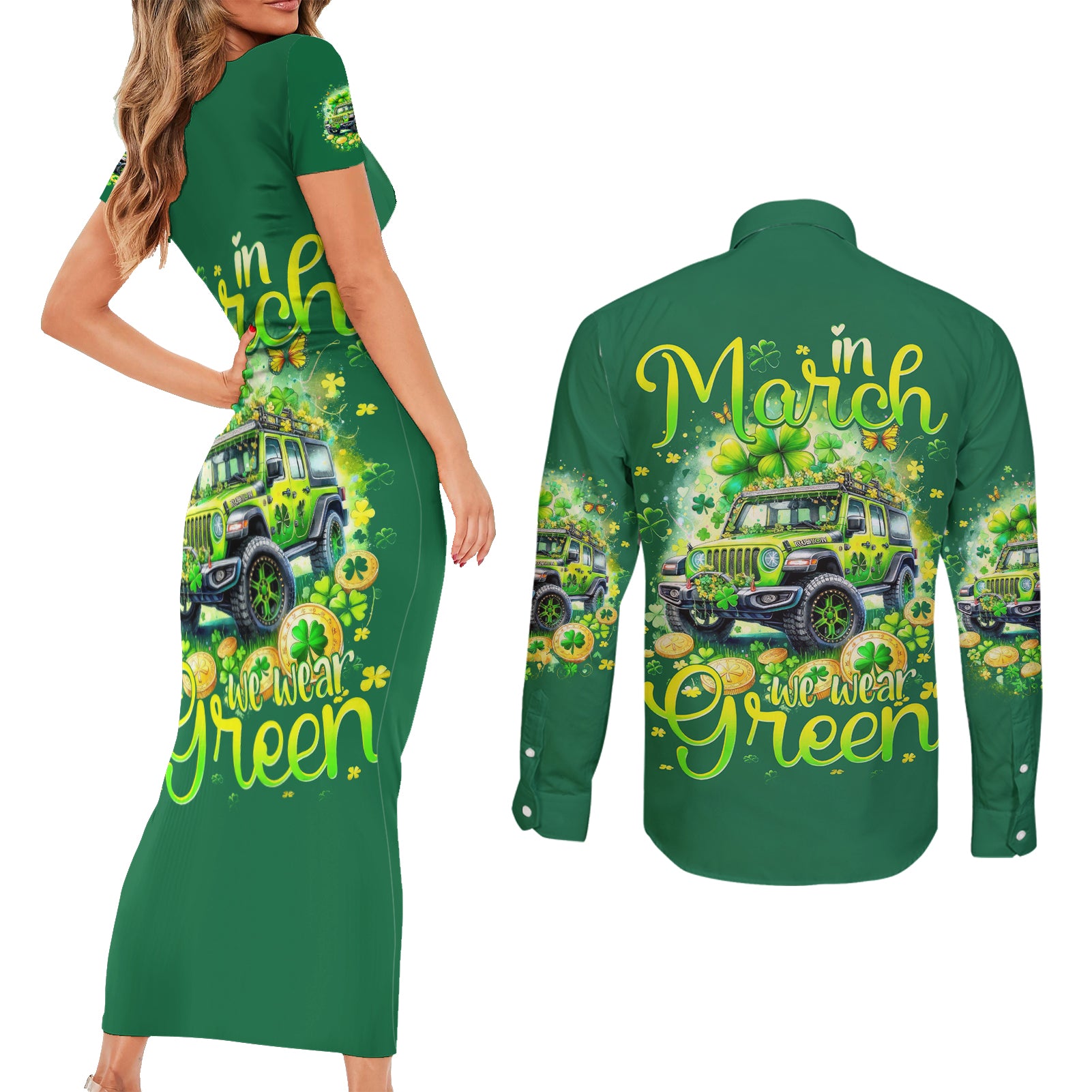 Irish Jeep Couples Matching Short Sleeve Bodycon Dress and Long Sleeve Button Shirt In March We Wear Green