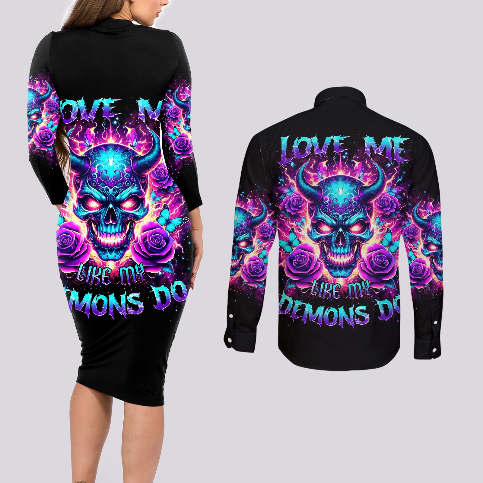 Thunder Skull Couples Matching Long Sleeve Bodycon Dress and Long Sleeve Button Shirt Love Me Like My Demons Do