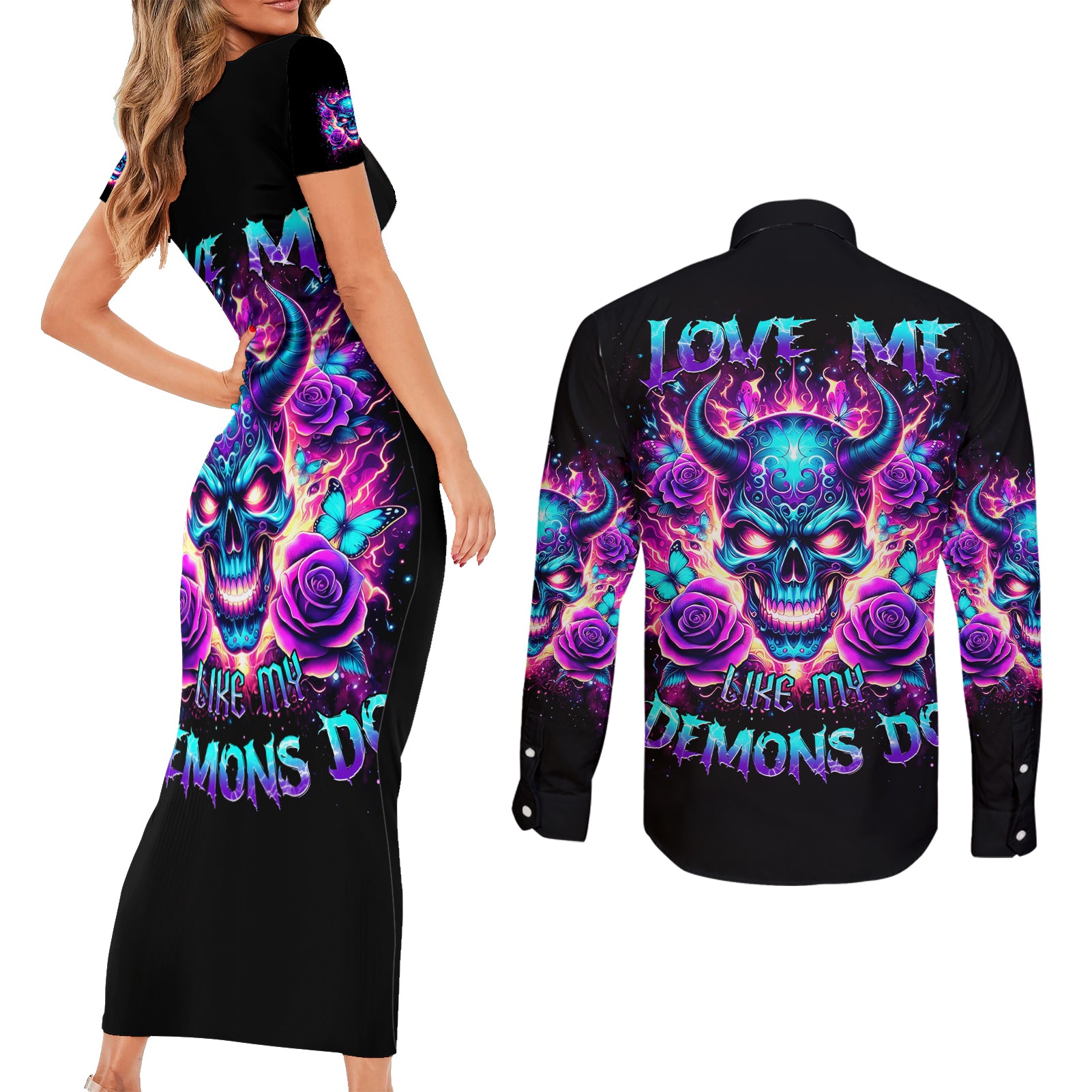 Thunder Skull Couples Matching Short Sleeve Bodycon Dress and Long Sleeve Button Shirt Love Me Like My Demons Do