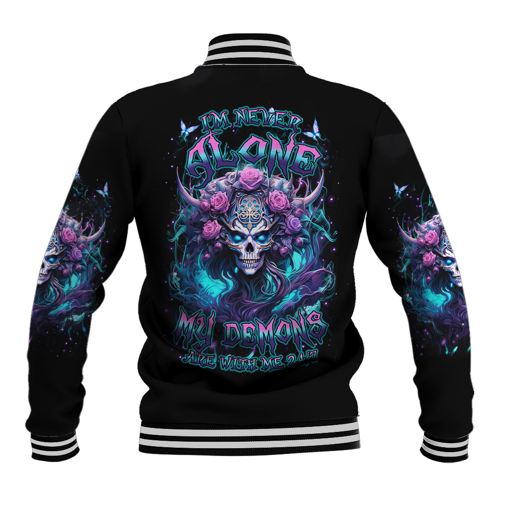 Rose Skull Baseball Jacket I'm Never Alone My Demons Are With Me 24/7