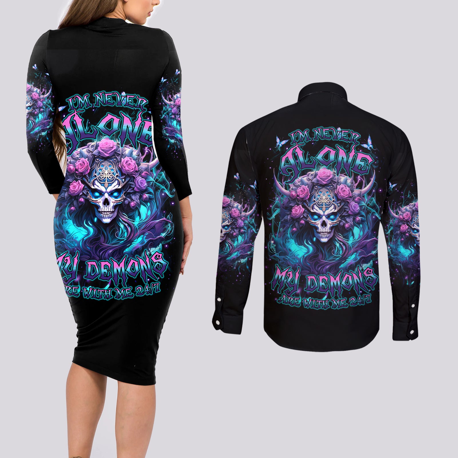 Rose Skull Couples Matching Long Sleeve Bodycon Dress and Long Sleeve Button Shirt I'm Never Alone My Demons Are With Me 24/7