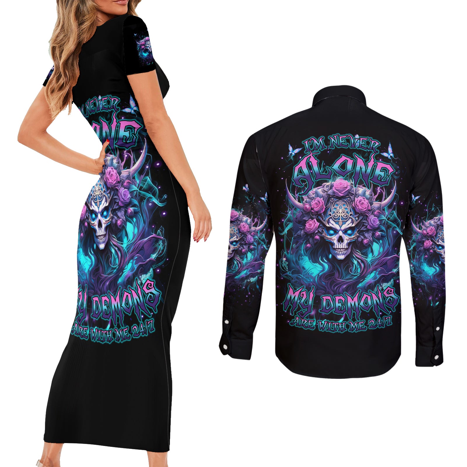 Rose Skull Couples Matching Short Sleeve Bodycon Dress and Long Sleeve Button Shirt I'm Never Alone My Demons Are With Me 24/7