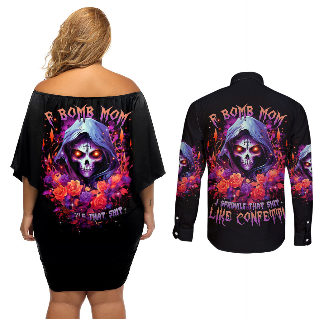 Rose Skull Couples Matching Off Shoulder Short Dress and Long Sleeve Button Shirt F Bomb Mom I Sprinkle That Shit Like Confetti