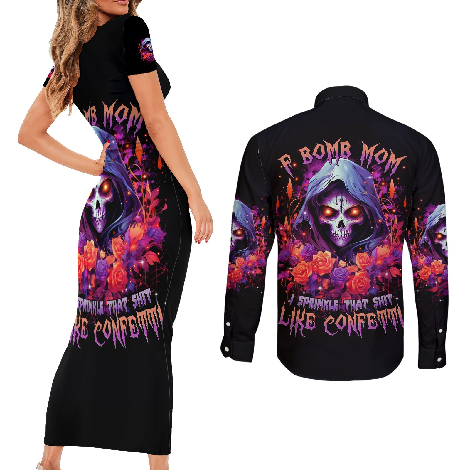 Rose Skull Couples Matching Short Sleeve Bodycon Dress and Long Sleeve Button Shirt F Bomb Mom I Sprinkle That Shit Like Confetti