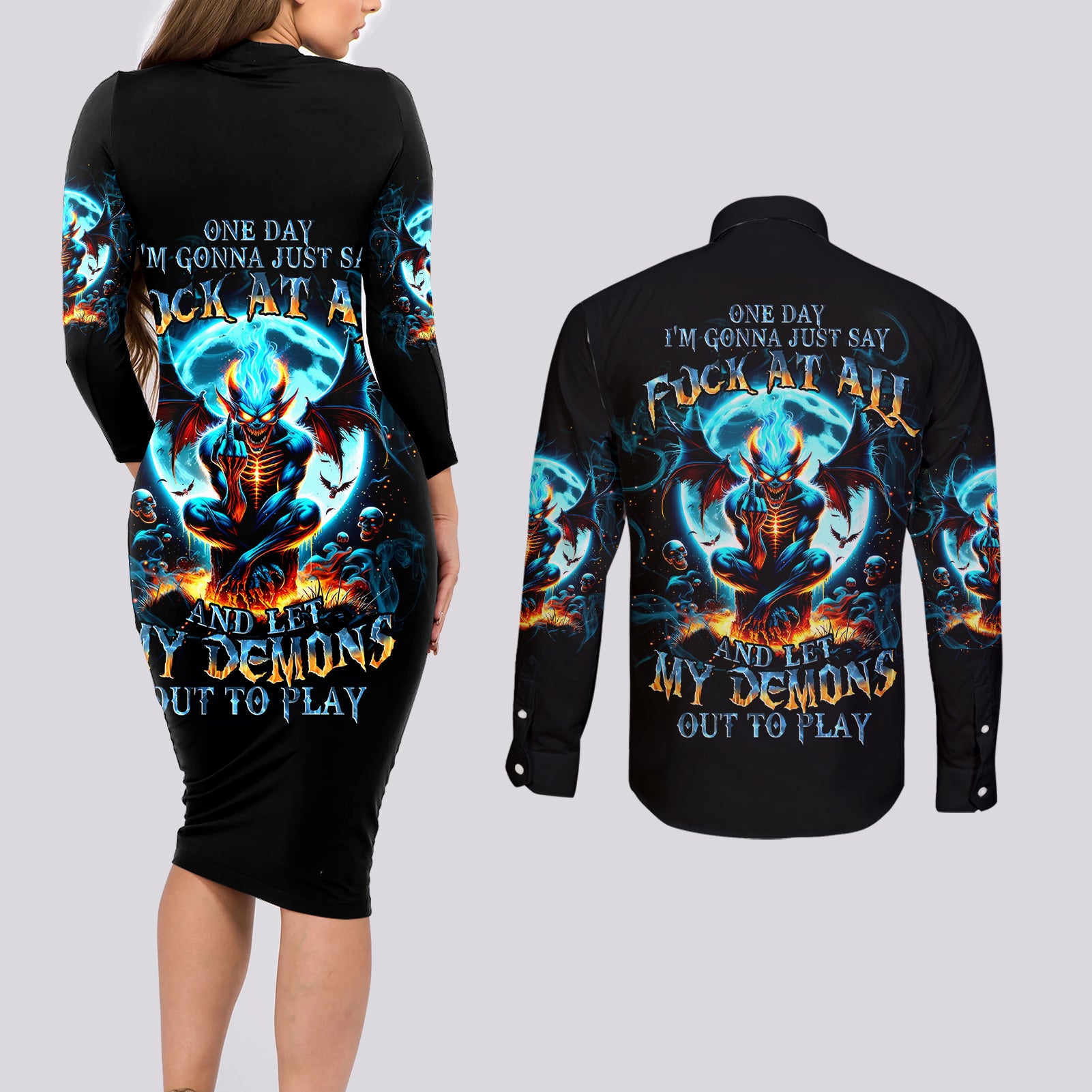 Devil Skull Couples Matching Long Sleeve Bodycon Dress and Long Sleeve Button Shirt One Day I'm Gonna Just Say And Let My Demons Out Play